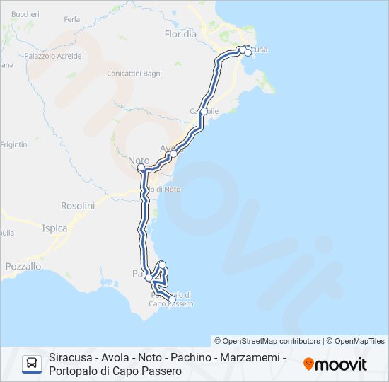 Percorso linea bus SIRACUSA - PORTOPALO DI CAPO PASSERO