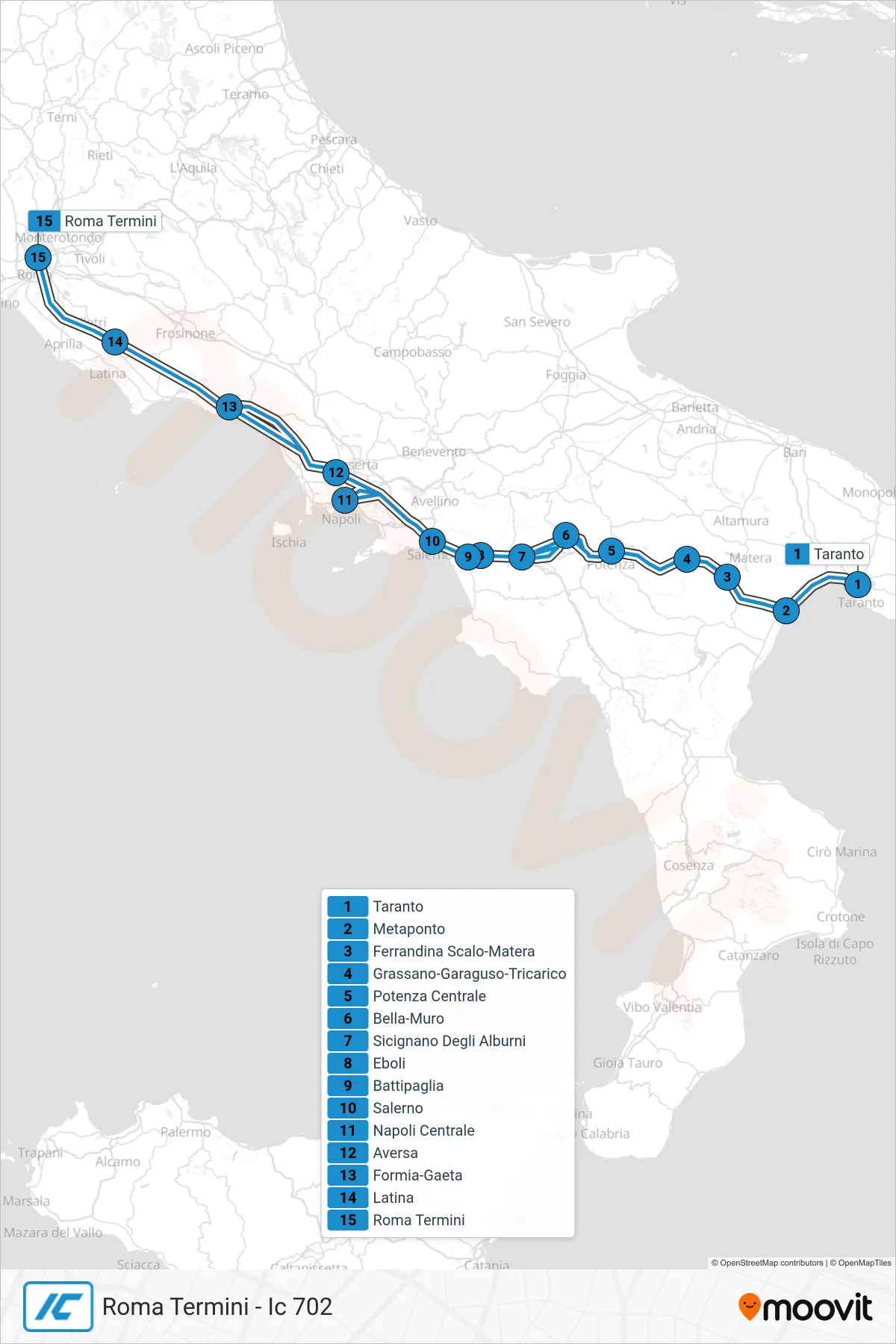 Linea IC treno (Roma Termini - Ic 702) - Percorsi e fermate sulla mappa