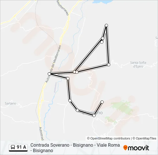 91 A Bus Line Map