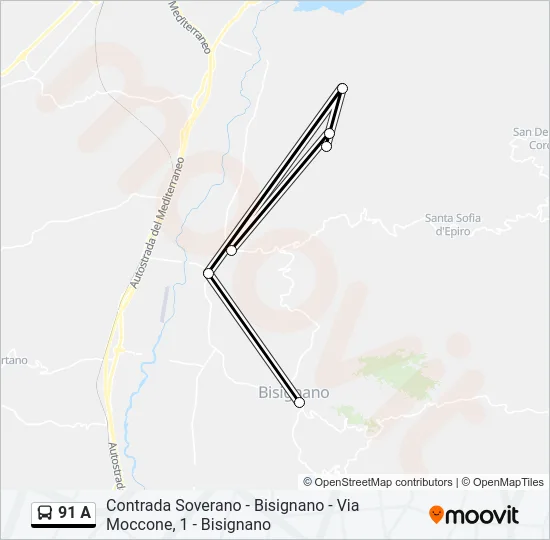 91 A Bus Line Map