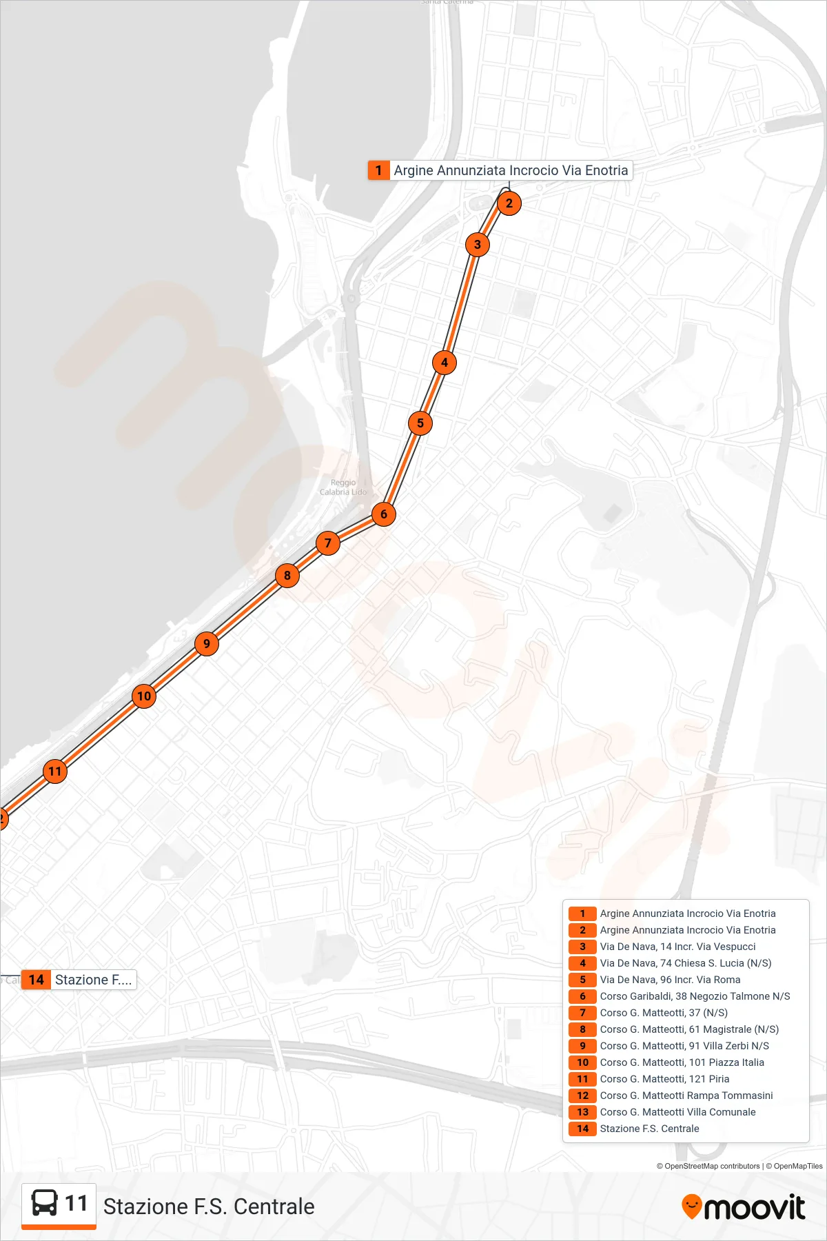 Linea 11  bus (Stazione F.S. Centrale) - Percorsi e fermate sulla mappa