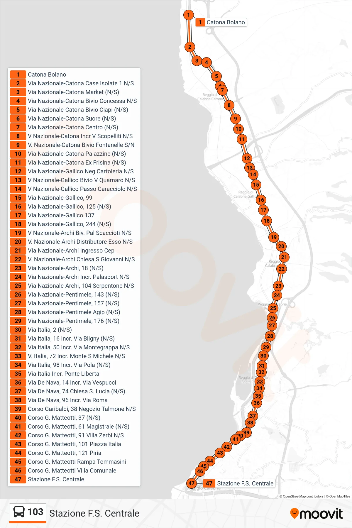Linea 103 bus (Stazione F.S. Centrale) - Percorsi e fermate sulla mappa