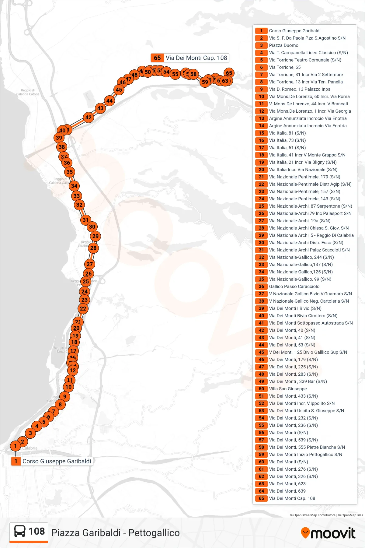 Linea 108 bus (Via Dei Monti Cap. 108) - Percorsi e fermate sulla mappa