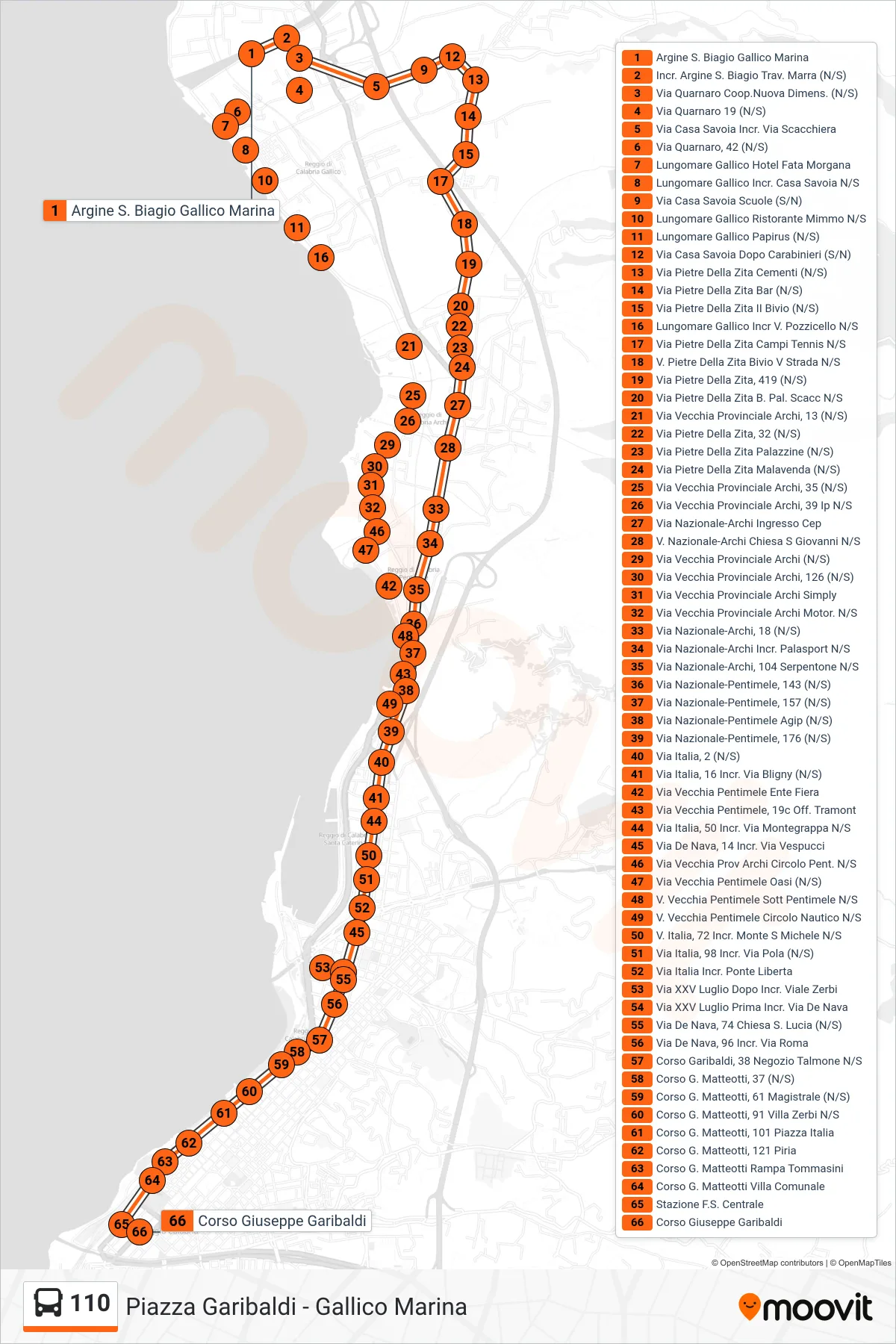 Linea 110 bus (Reggio Calabria Piazza Garibaldi) - Percorsi e fermate sulla mappa