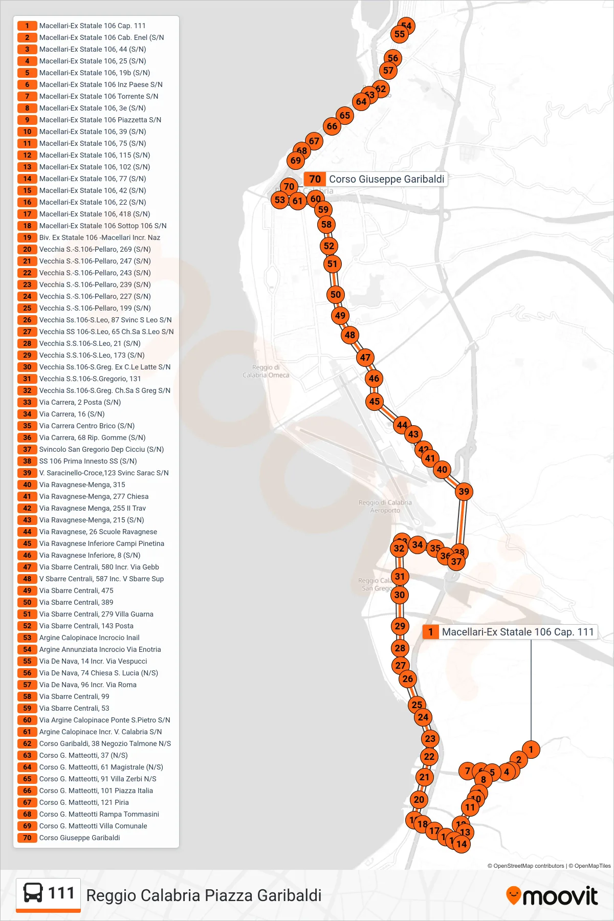 Linea 111 bus (Reggio Calabria Piazza Garibaldi) - Percorsi e fermate sulla mappa