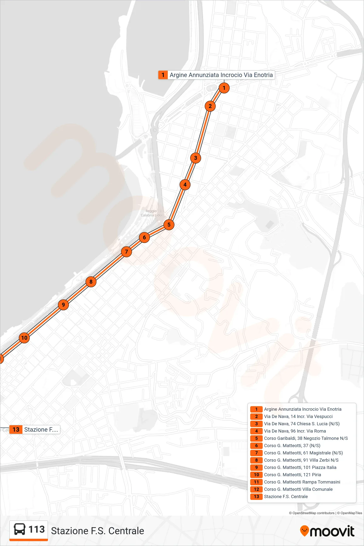 Linea 113  bus (Stazione F.S. Centrale) - Percorsi e fermate sulla mappa