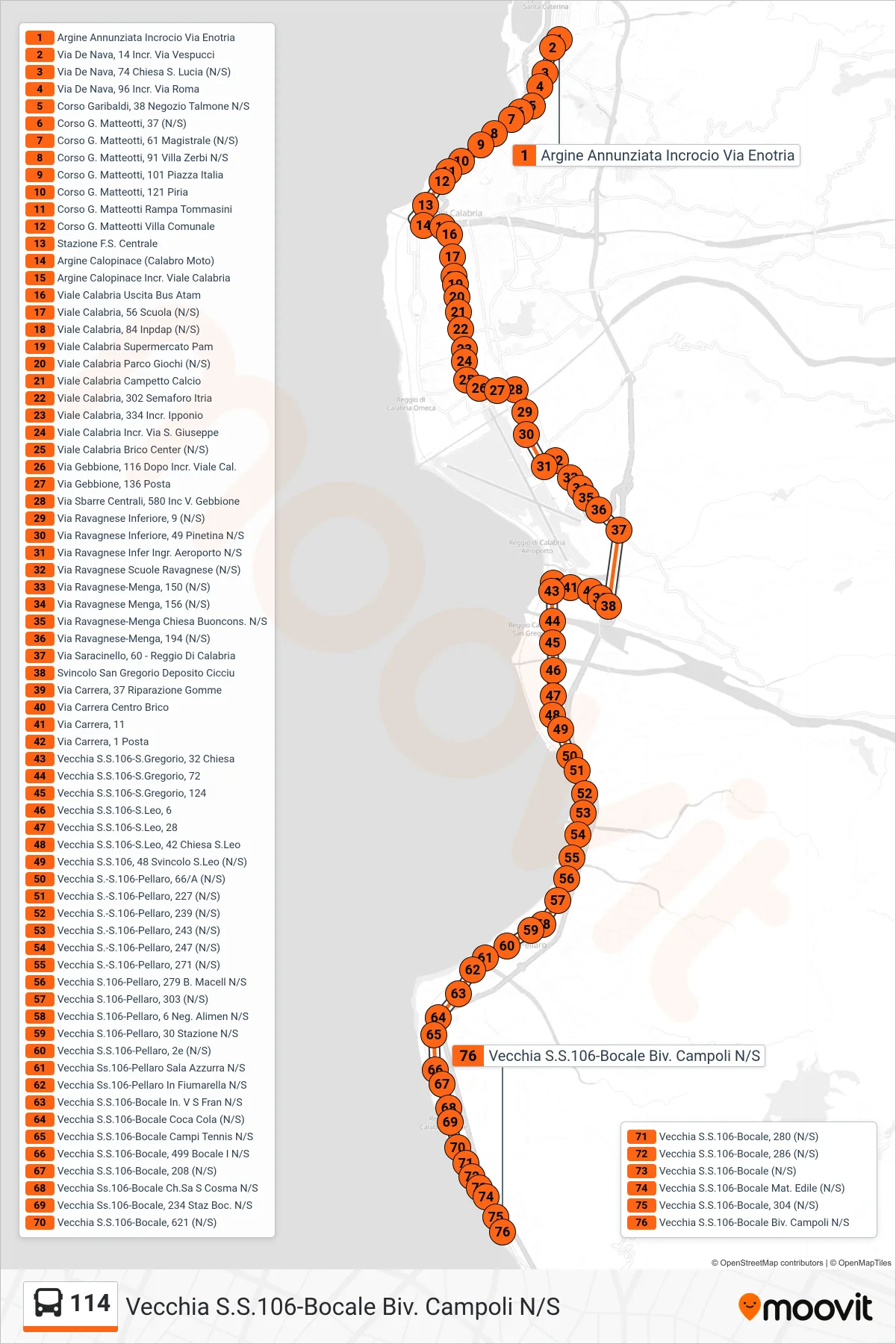Linea 114  bus (Vecchia S.S.106-Bocale  Biv. Campoli N/S) - Percorsi e fermate sulla mappa