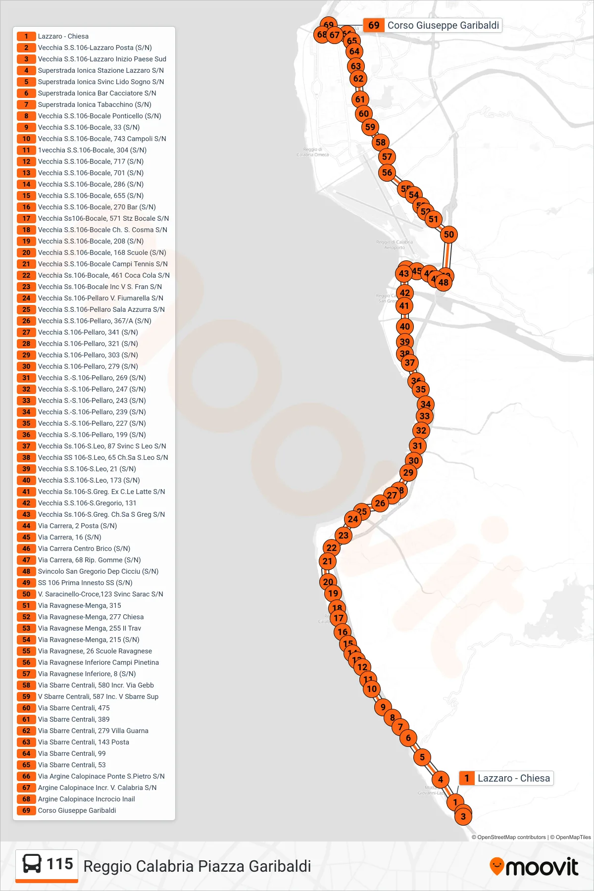 Linea 115 bus (Reggio Calabria Piazza Garibaldi) - Percorsi e fermate sulla mappa