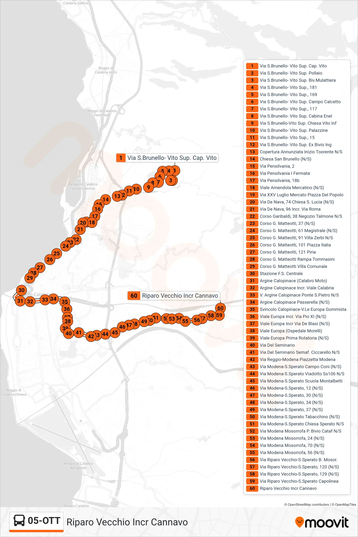 Linea 05-OTT bus (Riparo Vecchio Incr Cannavo) - Percorsi e fermate sulla mappa