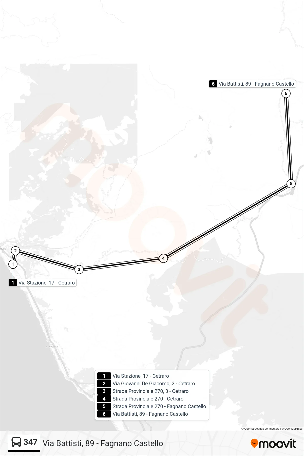 Linea 347 bus (Via Battisti, 89 - Fagnano Castello) - Percorsi e fermate sulla mappa