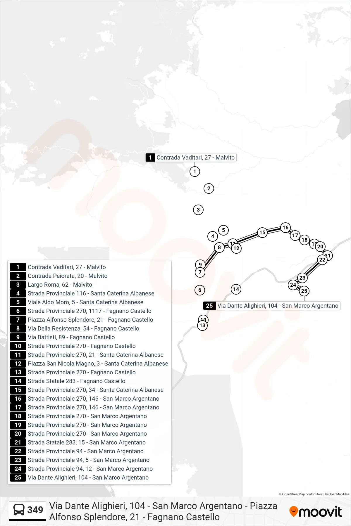 Linea 349 bus (Via Dante Alighieri, 104 - San Marco Argentano) - Percorsi e fermate sulla mappa