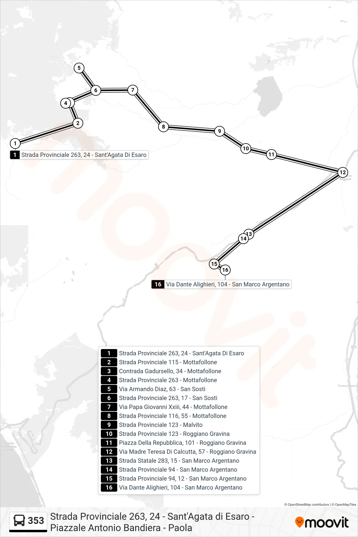Linea 353  bus (Via Dante Alighieri, 104 - San Marco Argentano) - Percorsi e fermate sulla mappa