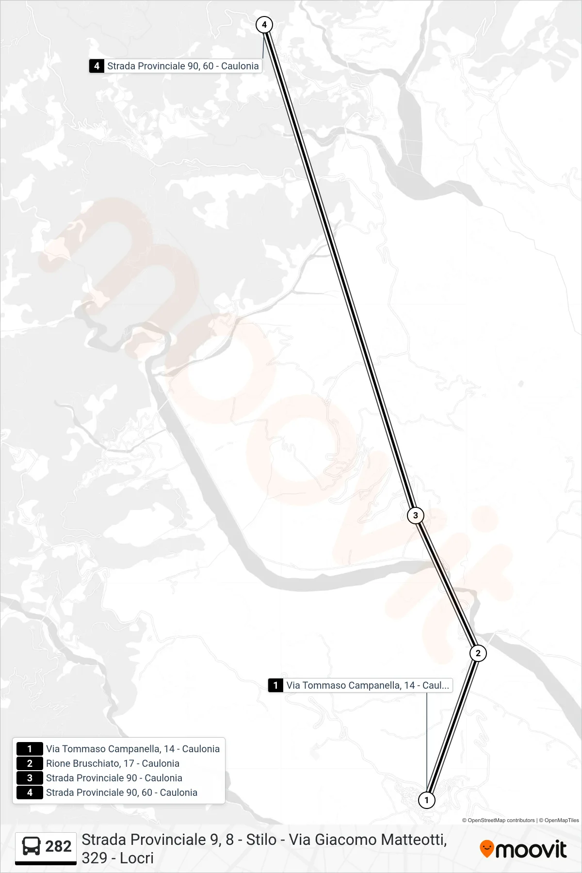 Linea 282  bus (Strada Provinciale 90, 60 - Caulonia) - Percorsi e fermate sulla mappa