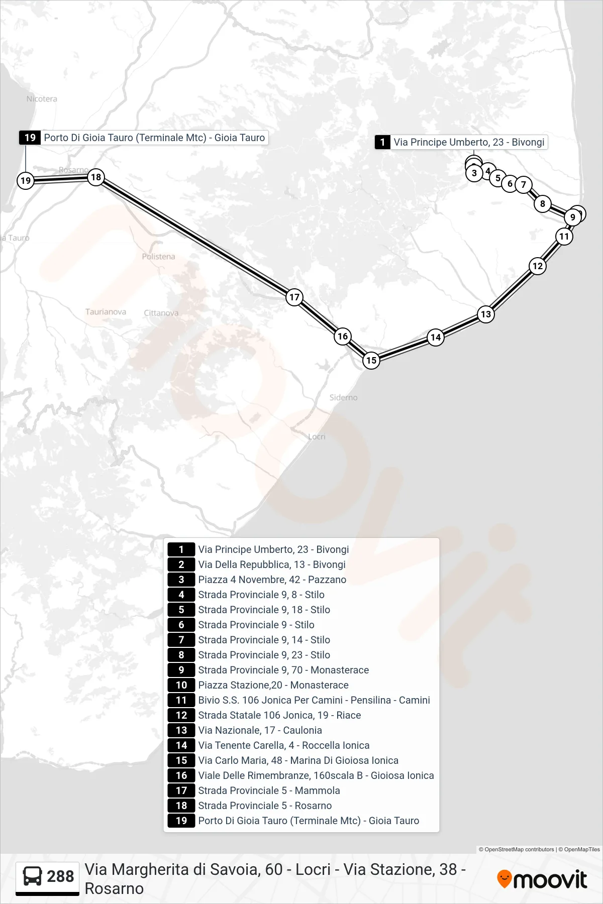 Linea 288 bus (Porto Di Gioia Tauro (Terminale Mtc) - Gioia Tauro) - Percorsi e fermate sulla mappa