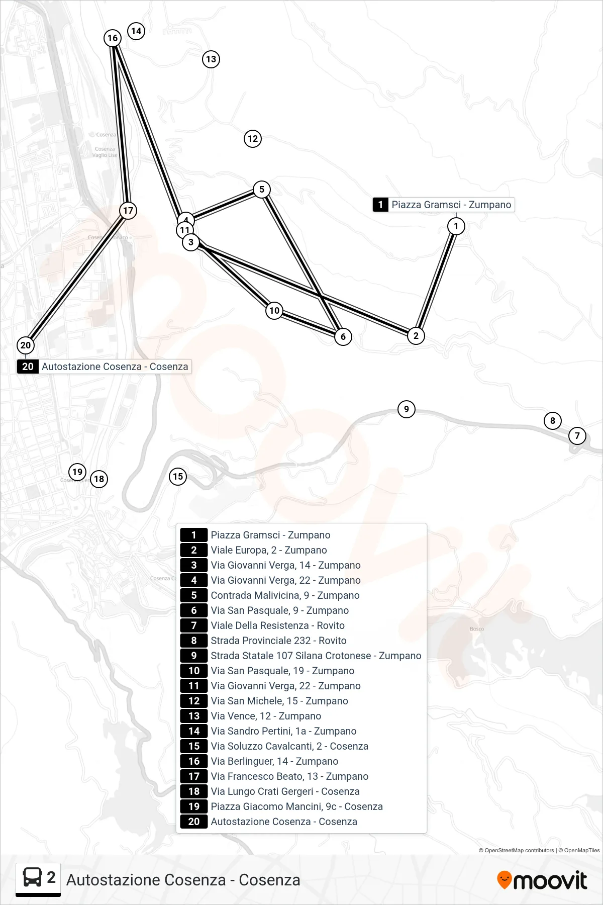 Linea 2  bus (Autostazione Cosenza - Cosenza) - Percorsi e fermate sulla mappa
