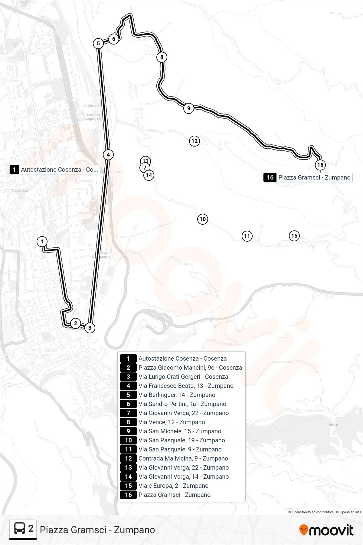 Linea 2 bus (Piazza Gramsci - Zumpano) - Percorsi e fermate sulla mappa