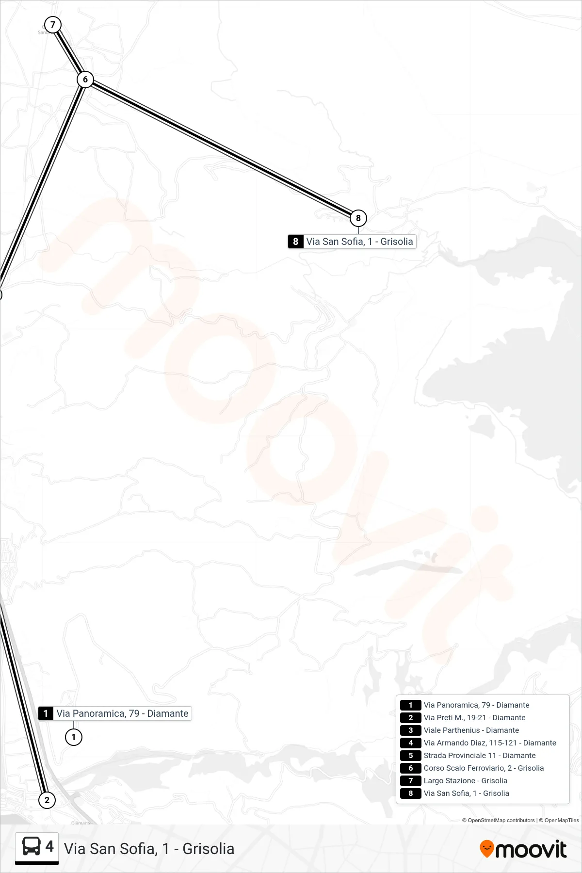 Linea 4 bus (Via San Sofia, 1 - Grisolia) - Percorsi e fermate sulla mappa