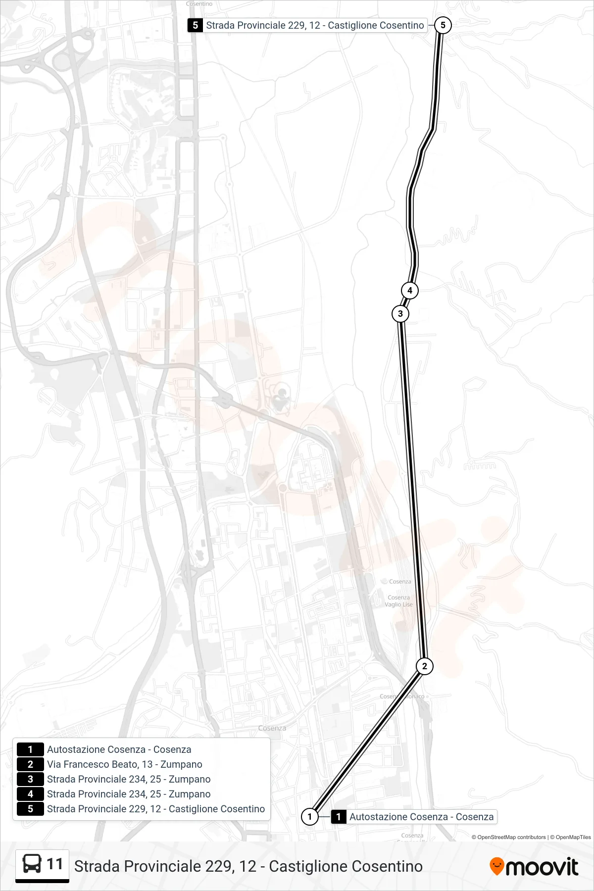 Linea 11 bus (Strada Provinciale 229, 12 - Castiglione Cosentino) - Percorsi e fermate sulla mappa