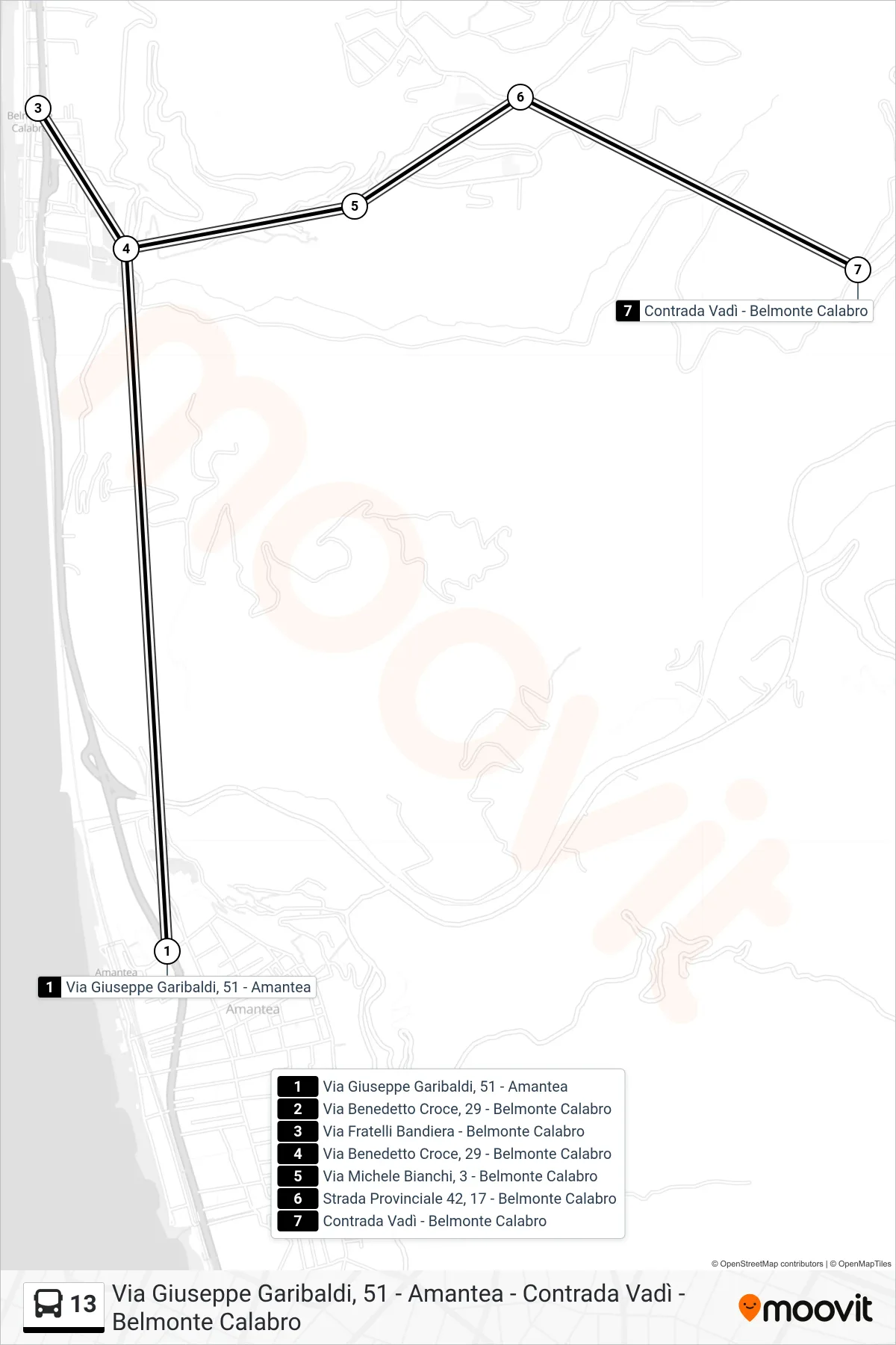 Linea 13 bus (Contrada Vadì - Belmonte Calabro) - Percorsi e fermate sulla mappa