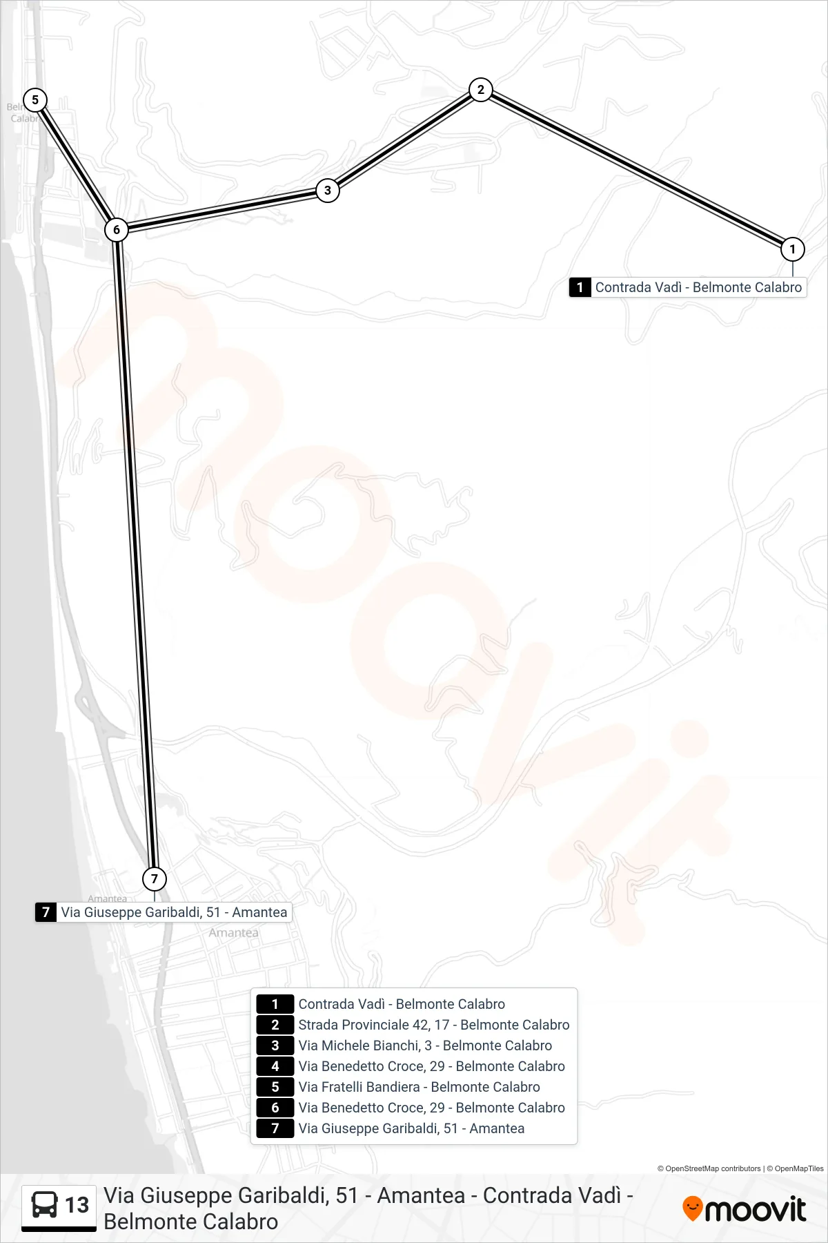 Linea 13 bus (Via Giuseppe Garibaldi, 51 - Amantea) - Percorsi e fermate sulla mappa