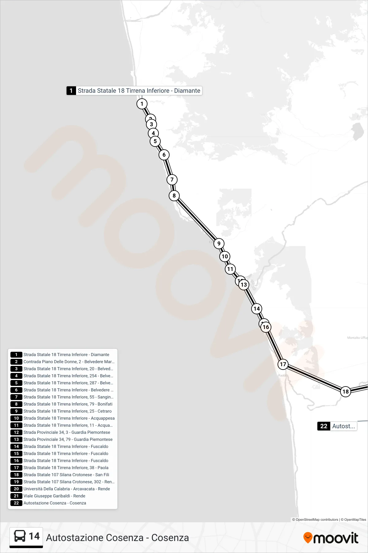 Linea 14 bus (Autostazione Cosenza - Cosenza) - Percorsi e fermate sulla mappa