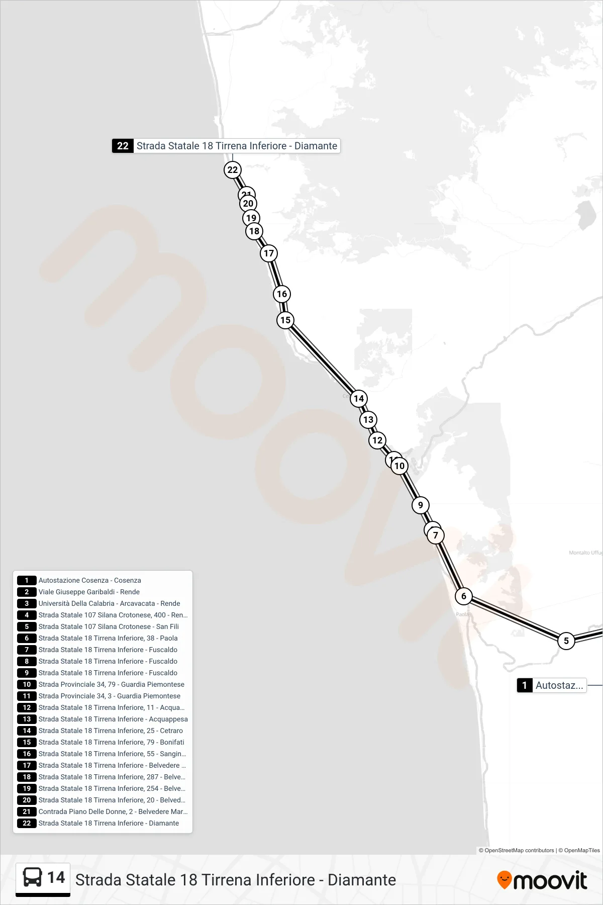 Linea 14  bus (Strada Statale 18 Tirrena Inferiore - Diamante) - Percorsi e fermate sulla mappa