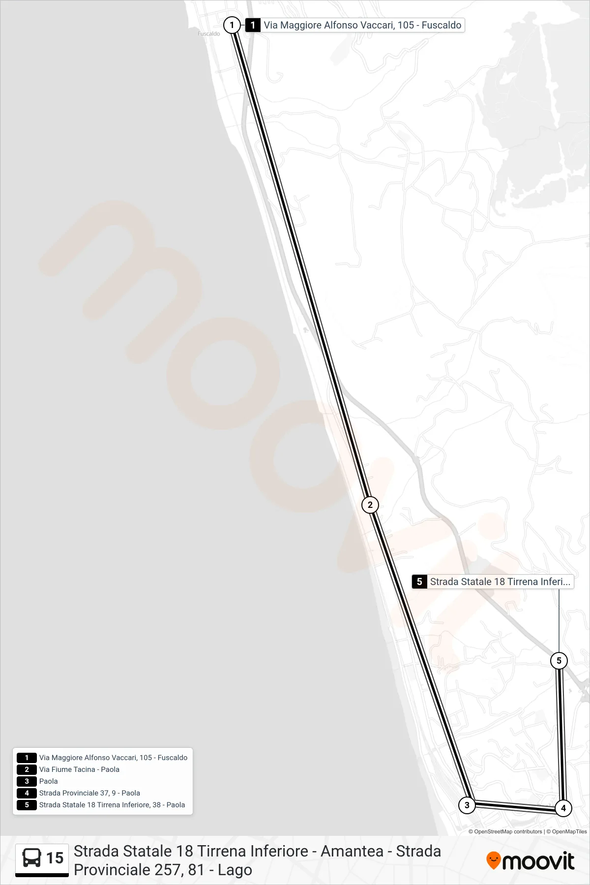 Linea 15 bus (Strada Statale 18 Tirrena Inferiore, 38 - Paola) - Percorsi e fermate sulla mappa