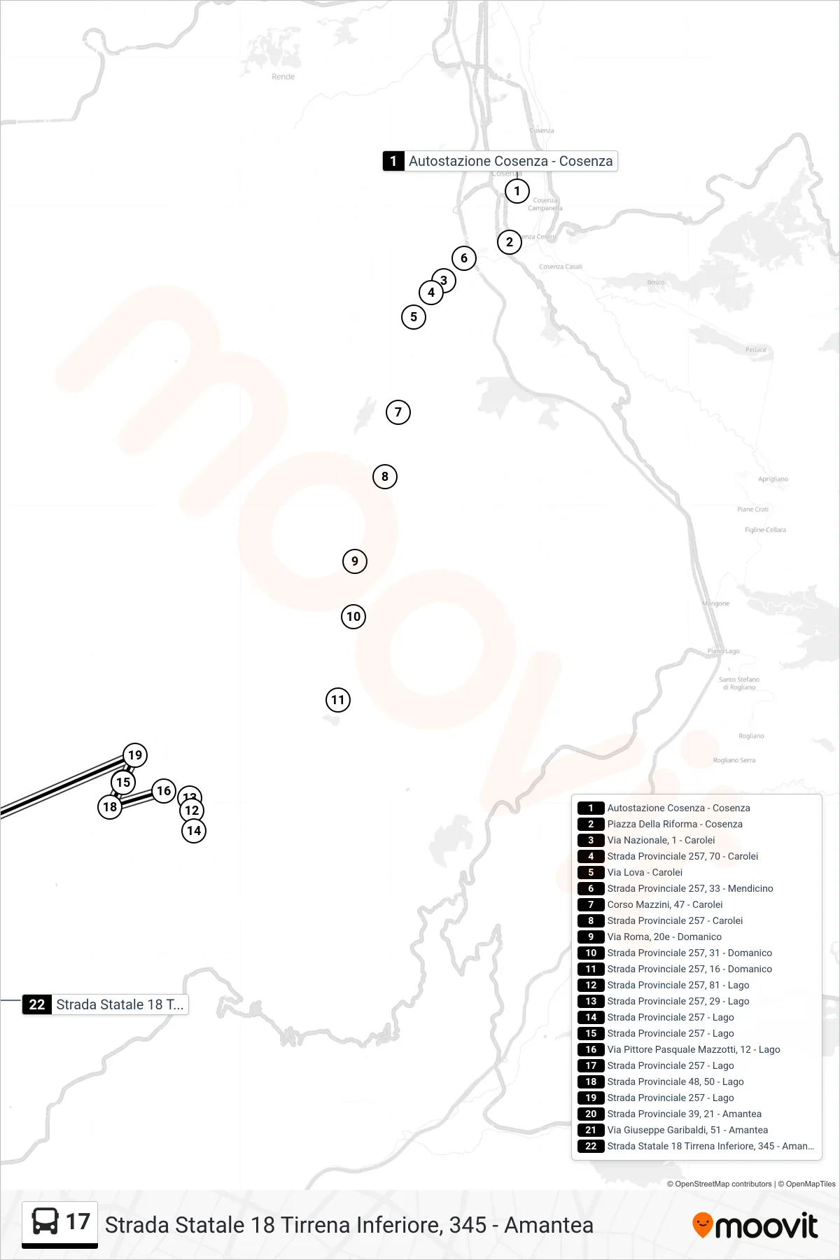 Linea 17  bus (Strada Statale 18 Tirrena Inferiore, 345 - Amantea) - Percorsi e fermate sulla mappa