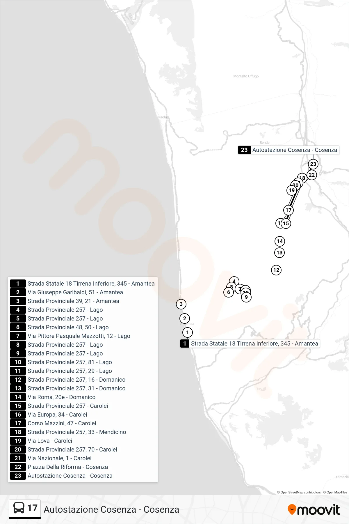Linea 17  bus (Autostazione Cosenza - Cosenza) - Percorsi e fermate sulla mappa