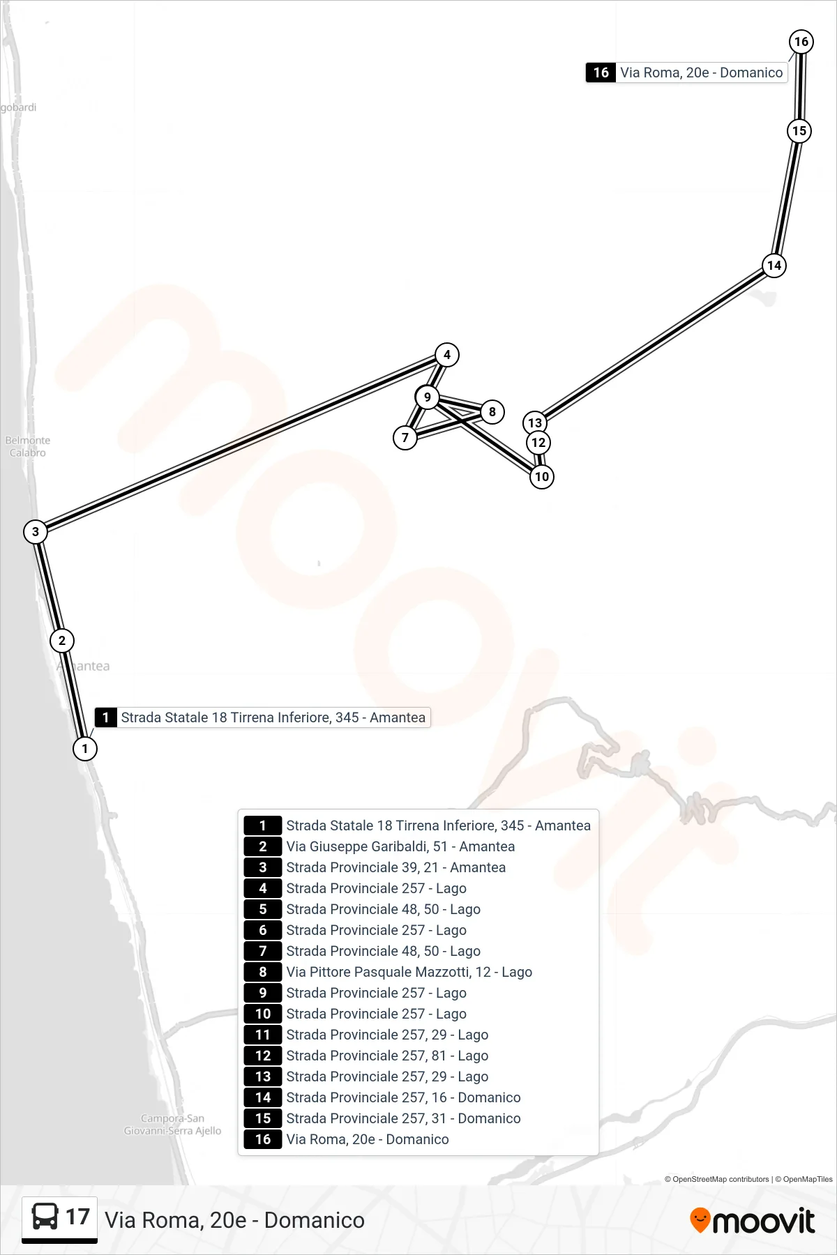 Linea 17 bus (Via Roma, 20e - Domanico) - Percorsi e fermate sulla mappa