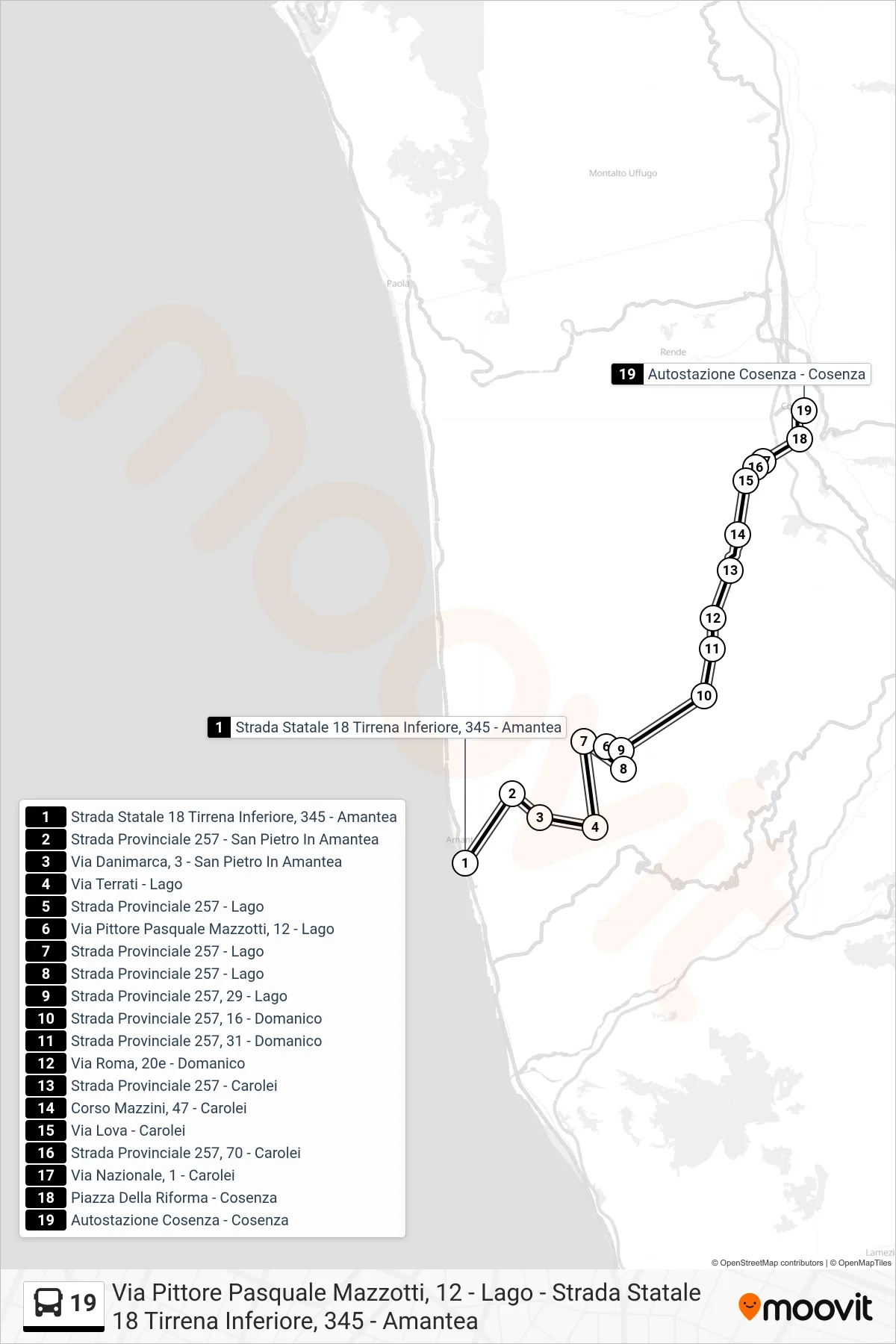 Linea 19 bus (Autostazione Cosenza - Cosenza) - Percorsi e fermate sulla mappa
