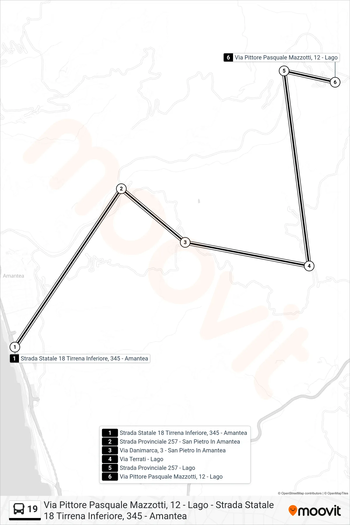Linea 19  bus (Via Pittore Pasquale Mazzotti, 12 - Lago) - Percorsi e fermate sulla mappa