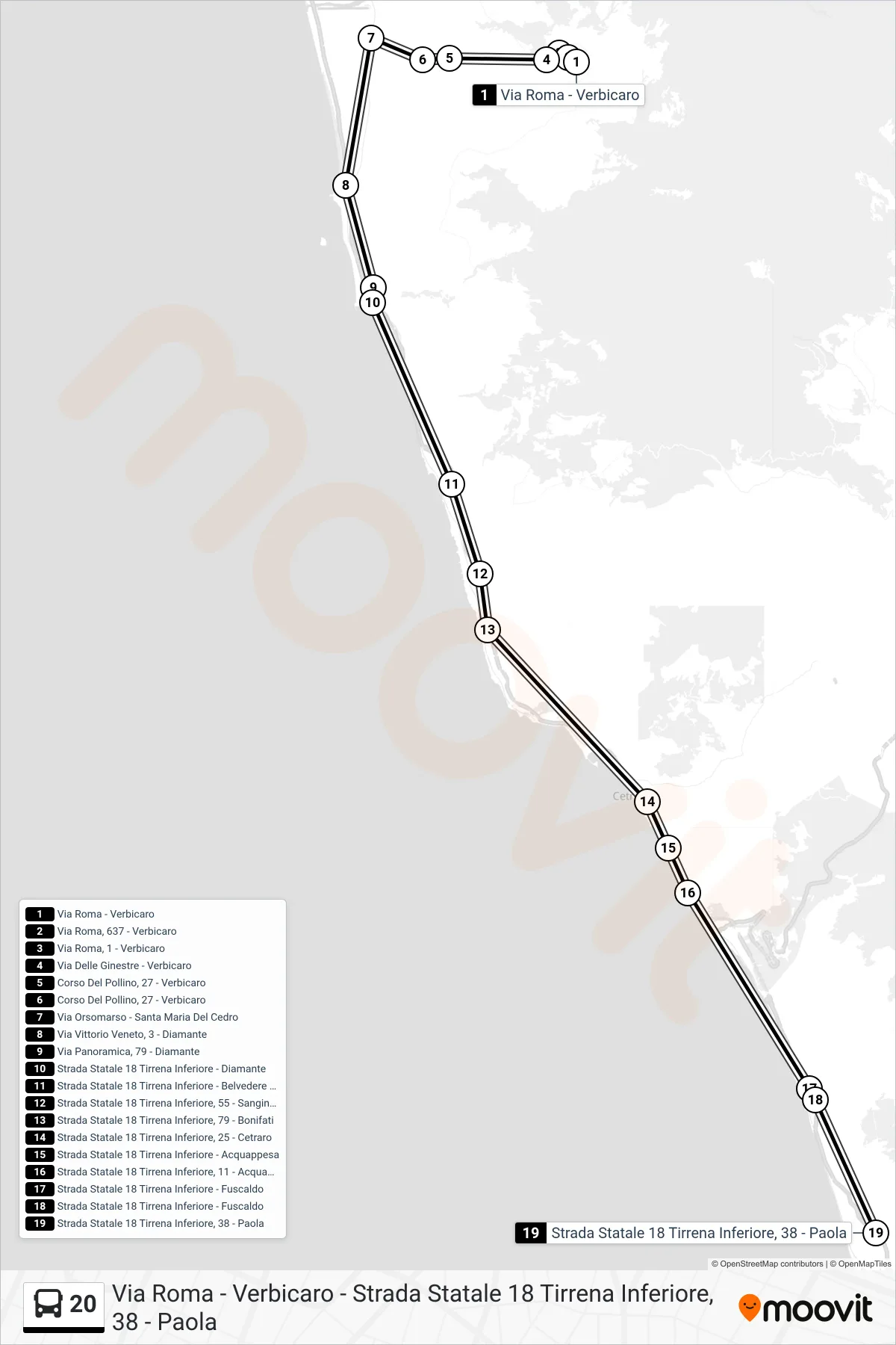 Linea 20  bus (Strada Statale 18 Tirrena Inferiore, 38 - Paola) - Percorsi e fermate sulla mappa