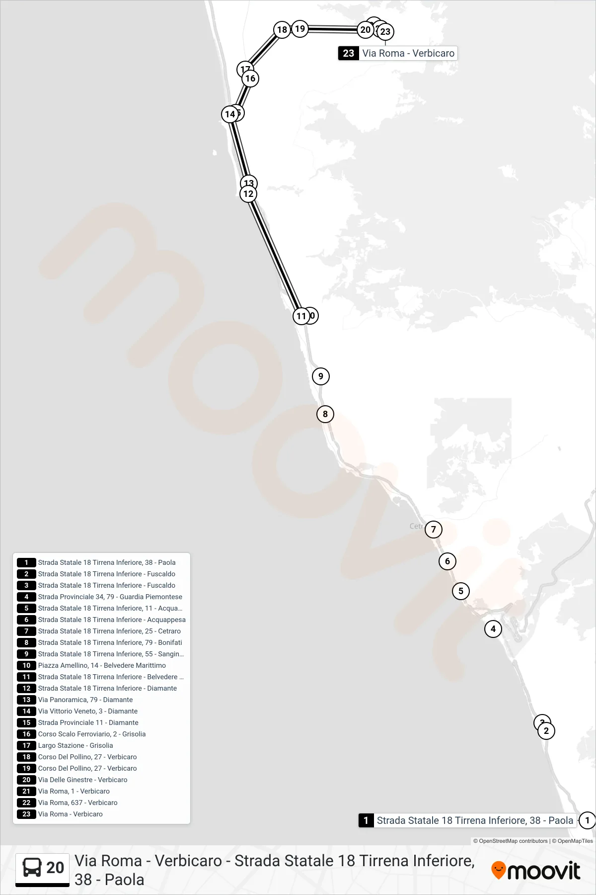 Linea 20 bus (Via Roma - Verbicaro) - Percorsi e fermate sulla mappa