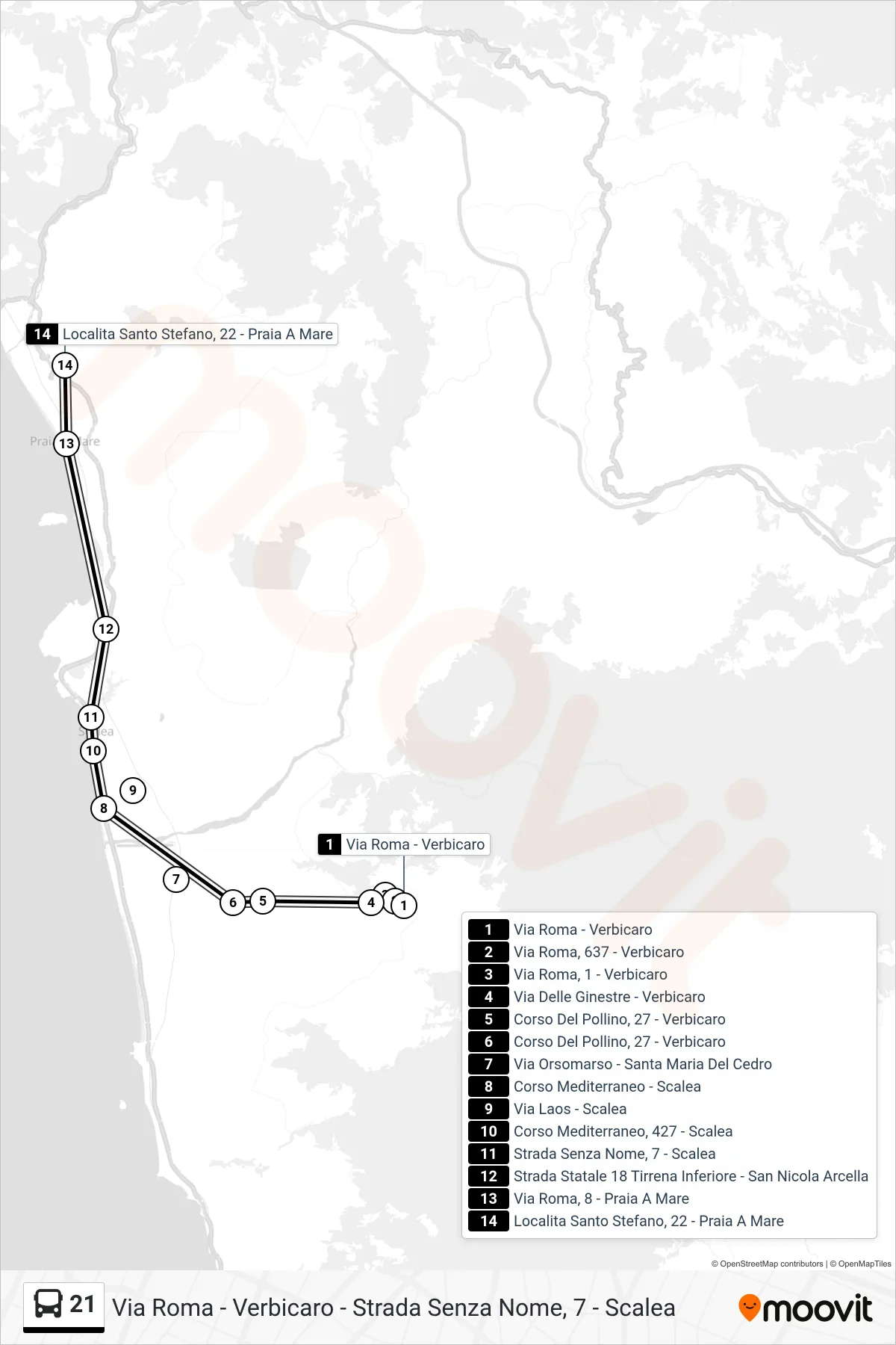 Linea 21  bus (Localita Santo Stefano, 22 - Praia A Mare) - Percorsi e fermate sulla mappa