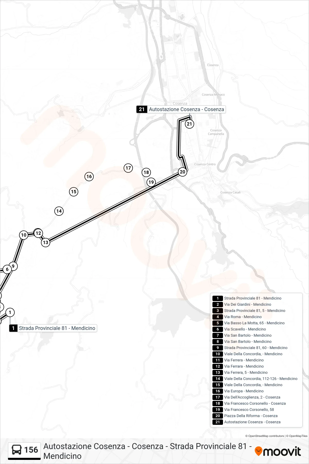 Linea 156 bus (Autostazione Cosenza - Cosenza) - Percorsi e fermate sulla mappa