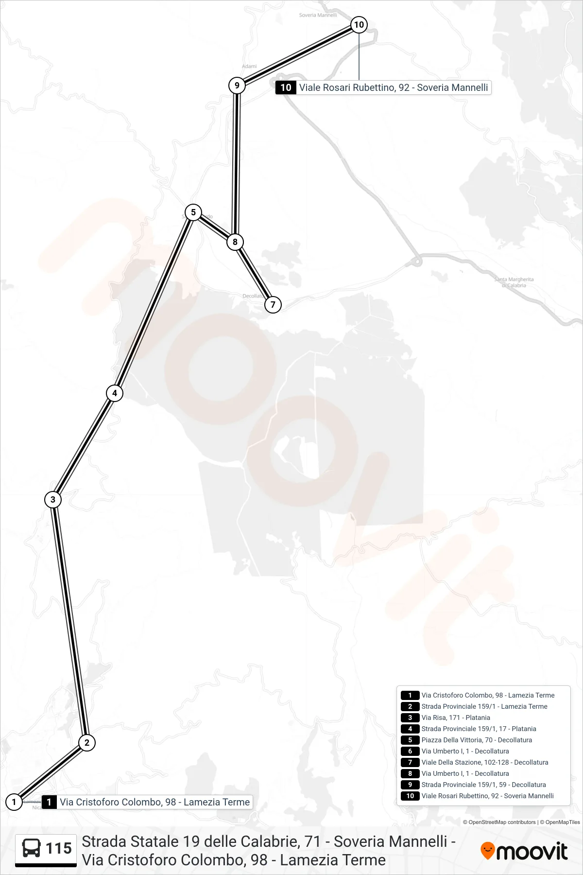 Linea 115 bus (Viale Rosari Rubettino, 92 - Soveria Mannelli) - Percorsi e fermate sulla mappa