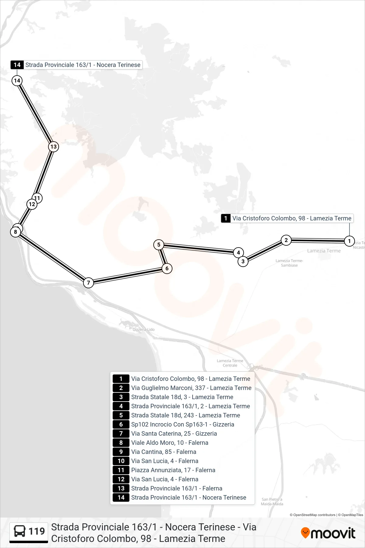 Linea 119 bus (Strada Provinciale 163/1 - Nocera Terinese) - Percorsi e fermate sulla mappa
