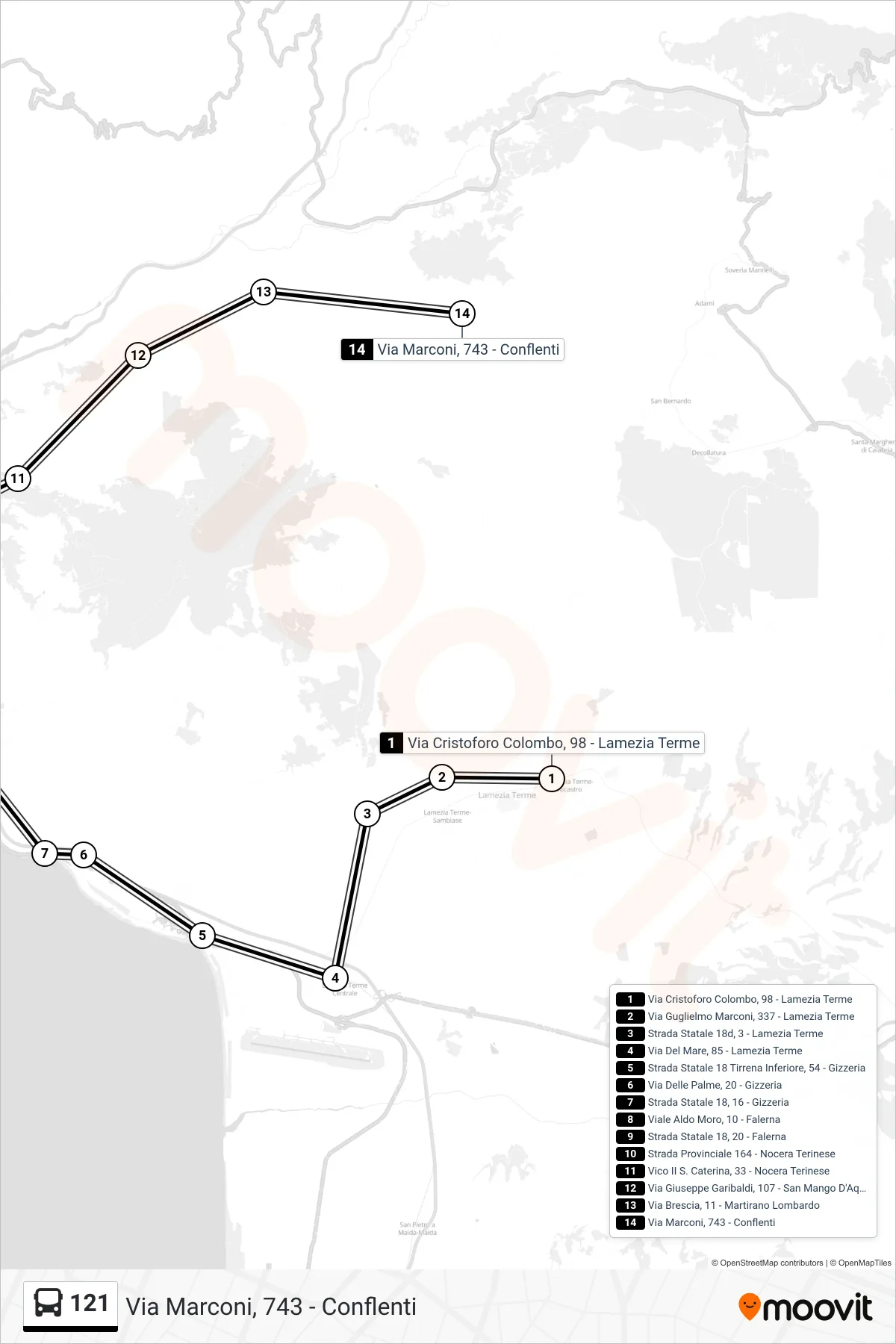 Linea 121 bus (Via Marconi, 743 - Conflenti) - Percorsi e fermate sulla mappa