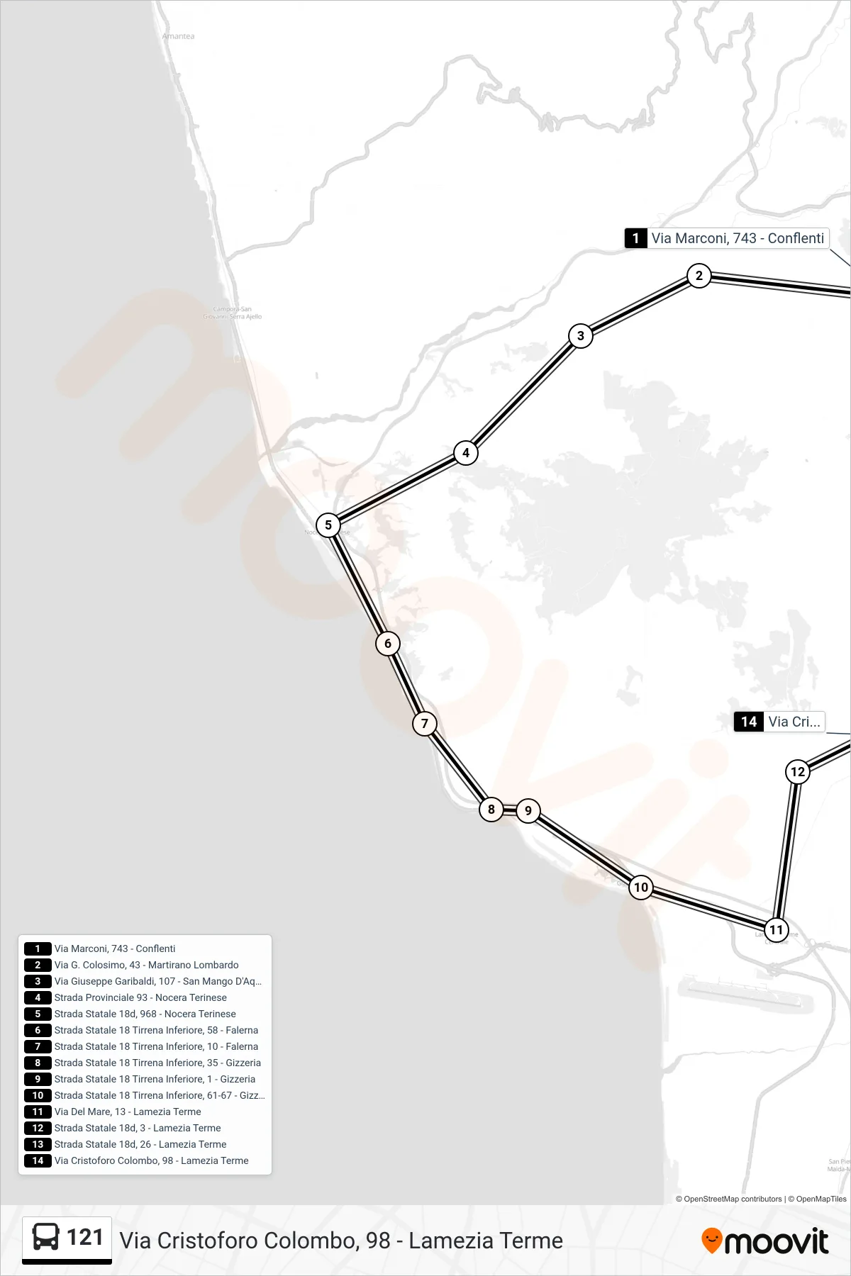 Linea 121 bus (Via Cristoforo Colombo, 98 - Lamezia Terme) - Percorsi e fermate sulla mappa