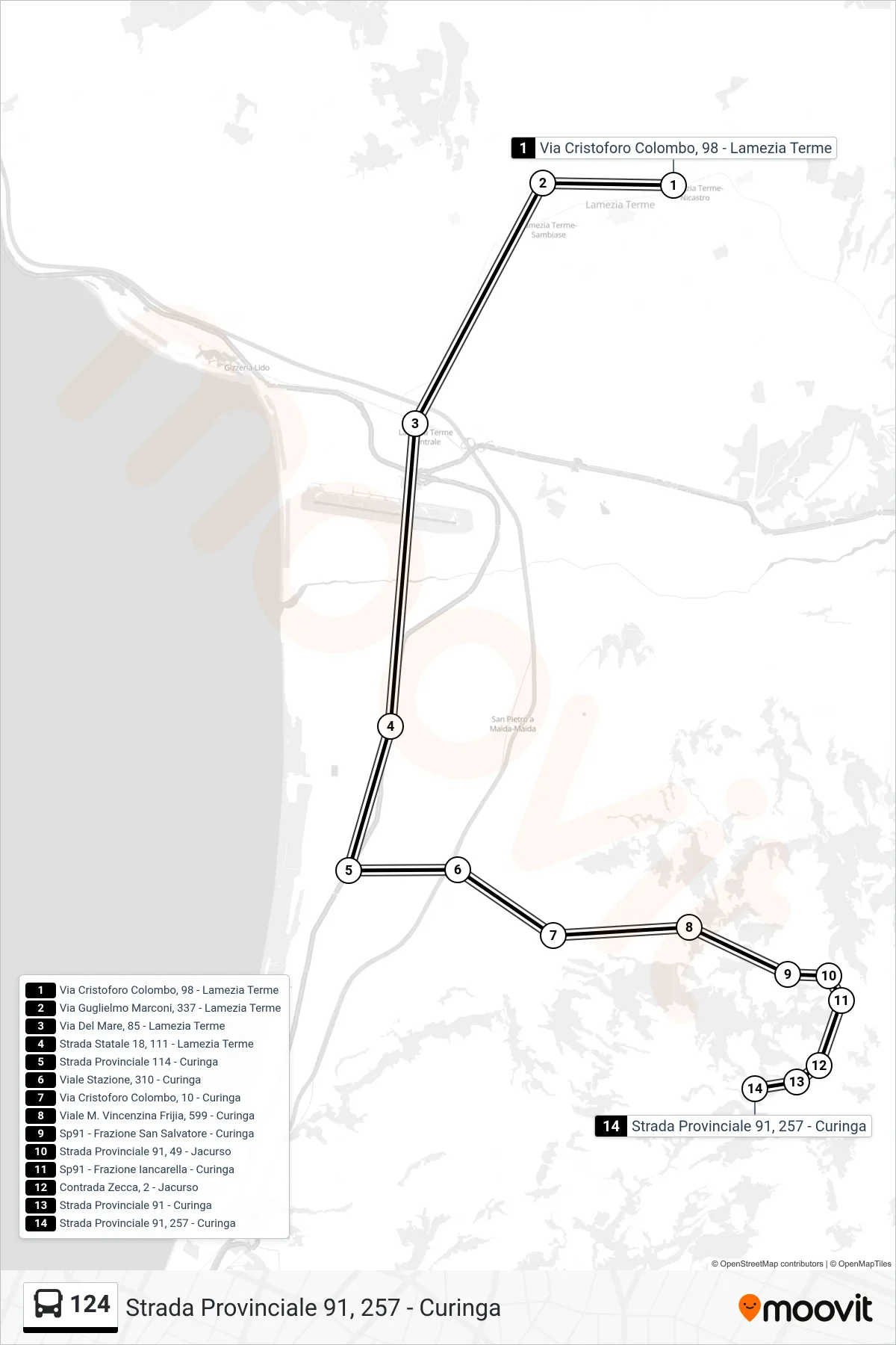 Linea 124  bus (Strada Provinciale 91, 257 - Curinga) - Percorsi e fermate sulla mappa