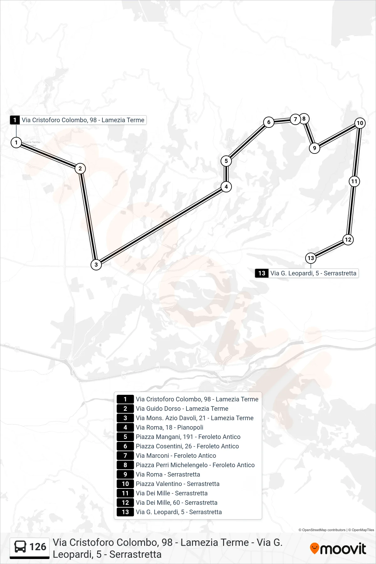 Linea 126 bus (Via G. Leopardi, 5 - Serrastretta) - Percorsi e fermate sulla mappa