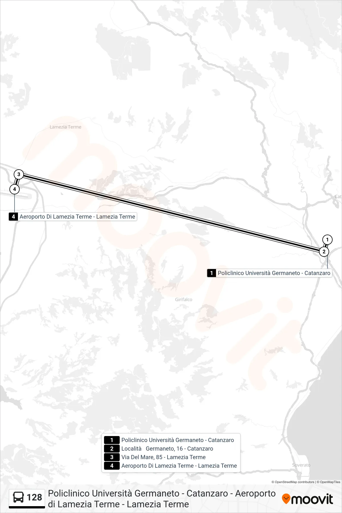 Linea 128 bus (Aeroporto Di Lamezia Terme - Lamezia Terme) - Percorsi e fermate sulla mappa