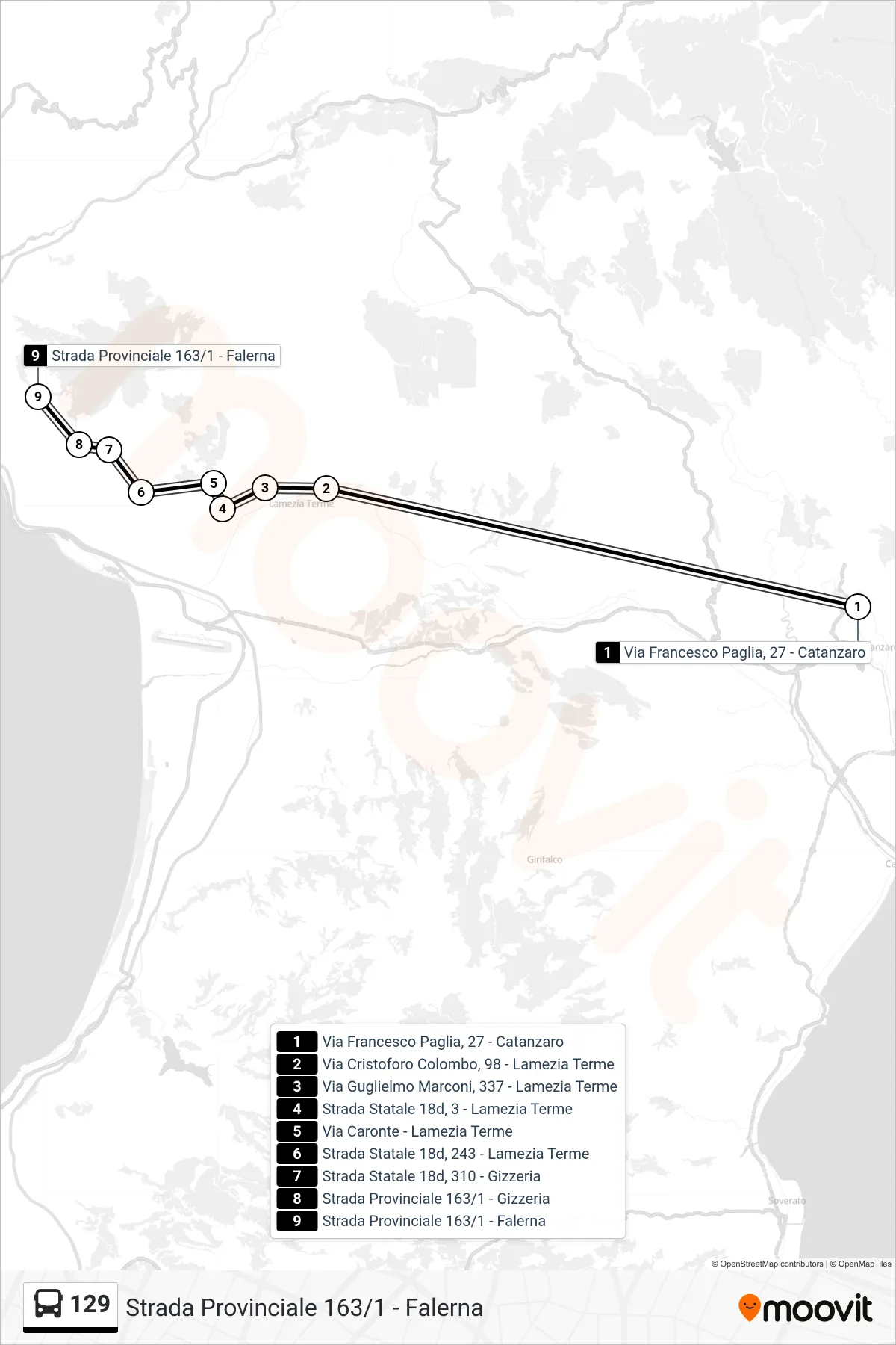 Linea 129 bus (Strada Provinciale 163/1 - Falerna) - Percorsi e fermate sulla mappa