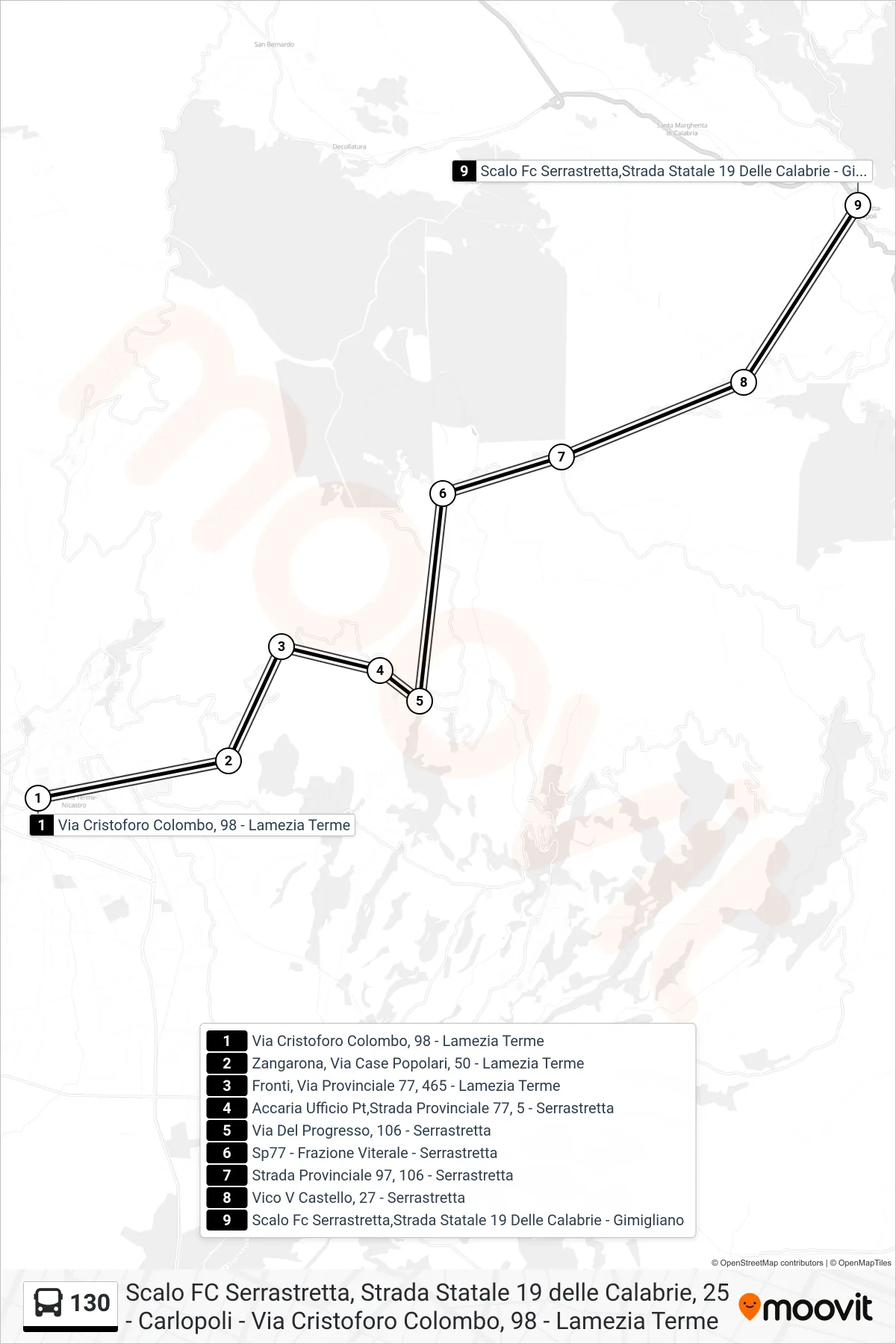 Linea 130  bus (Scalo Fc Serrastretta,Strada Statale  19 Delle Calabrie - Gimigliano) - Percorsi e fermate sulla mappa