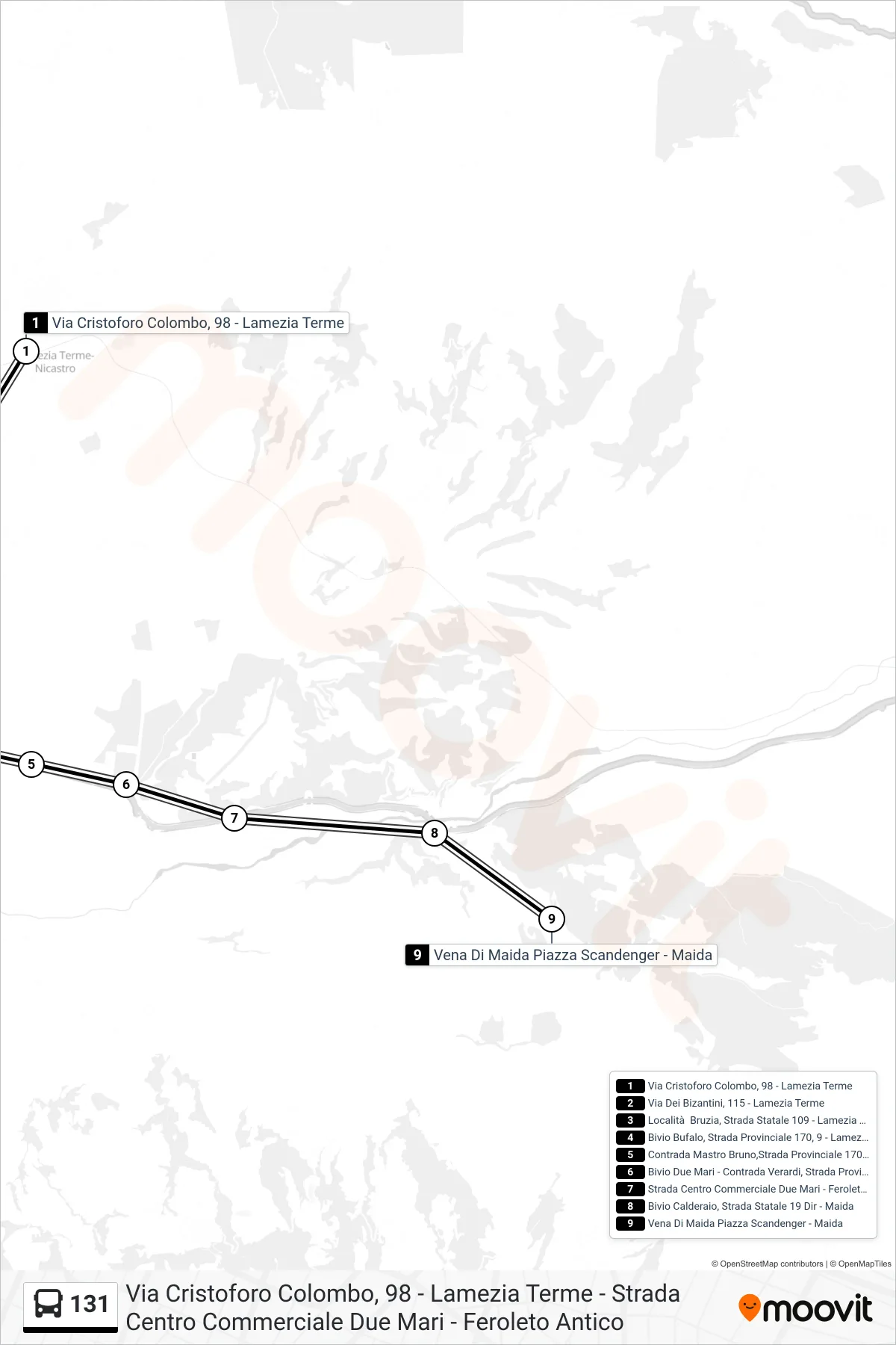 Linea 131 bus (Vena Di Maida Piazza Scandenger - Maida) - Percorsi e fermate sulla mappa