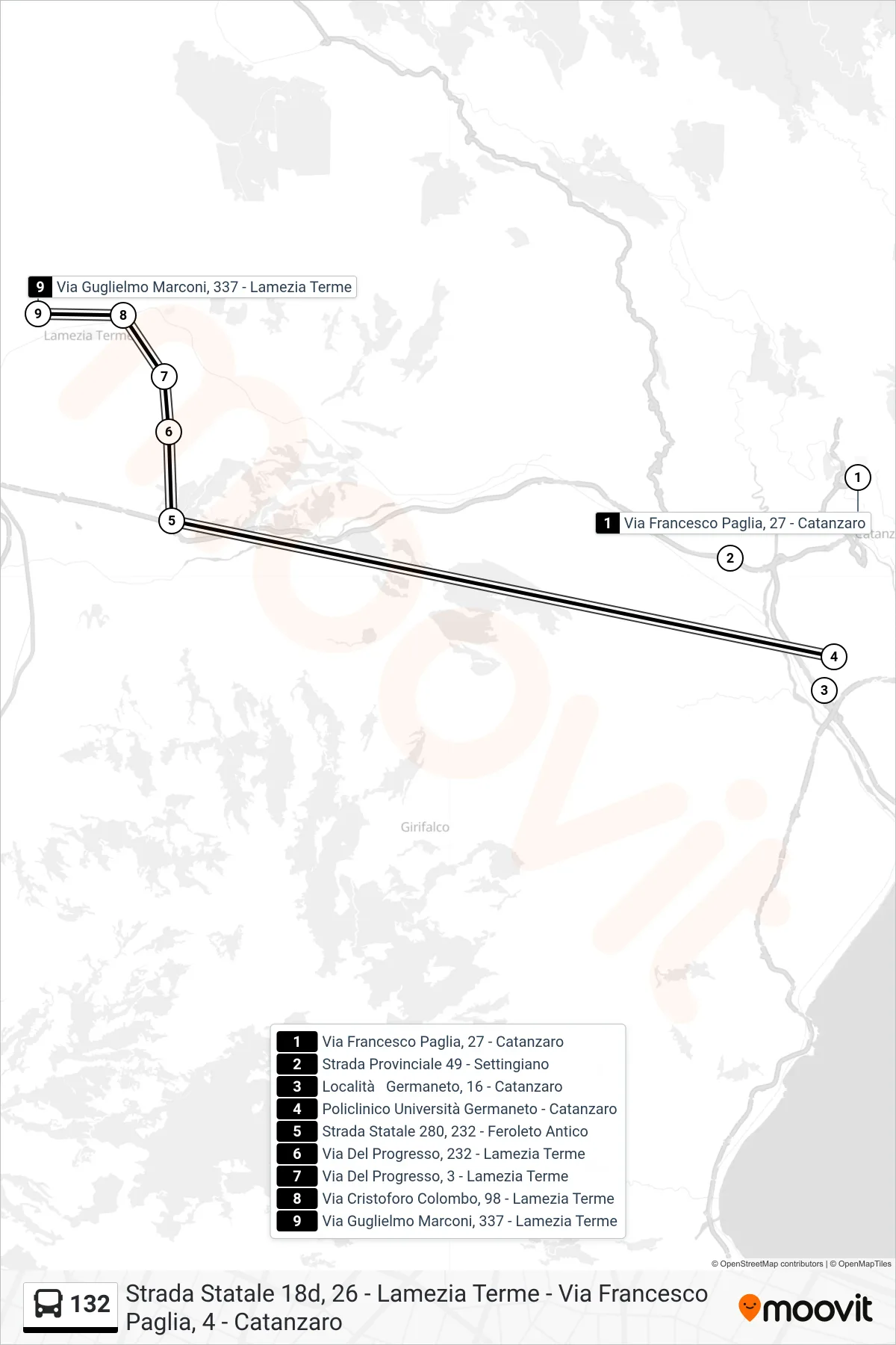 Linea 132 bus (Via Guglielmo Marconi, 337 - Lamezia Terme) - Percorsi e fermate sulla mappa