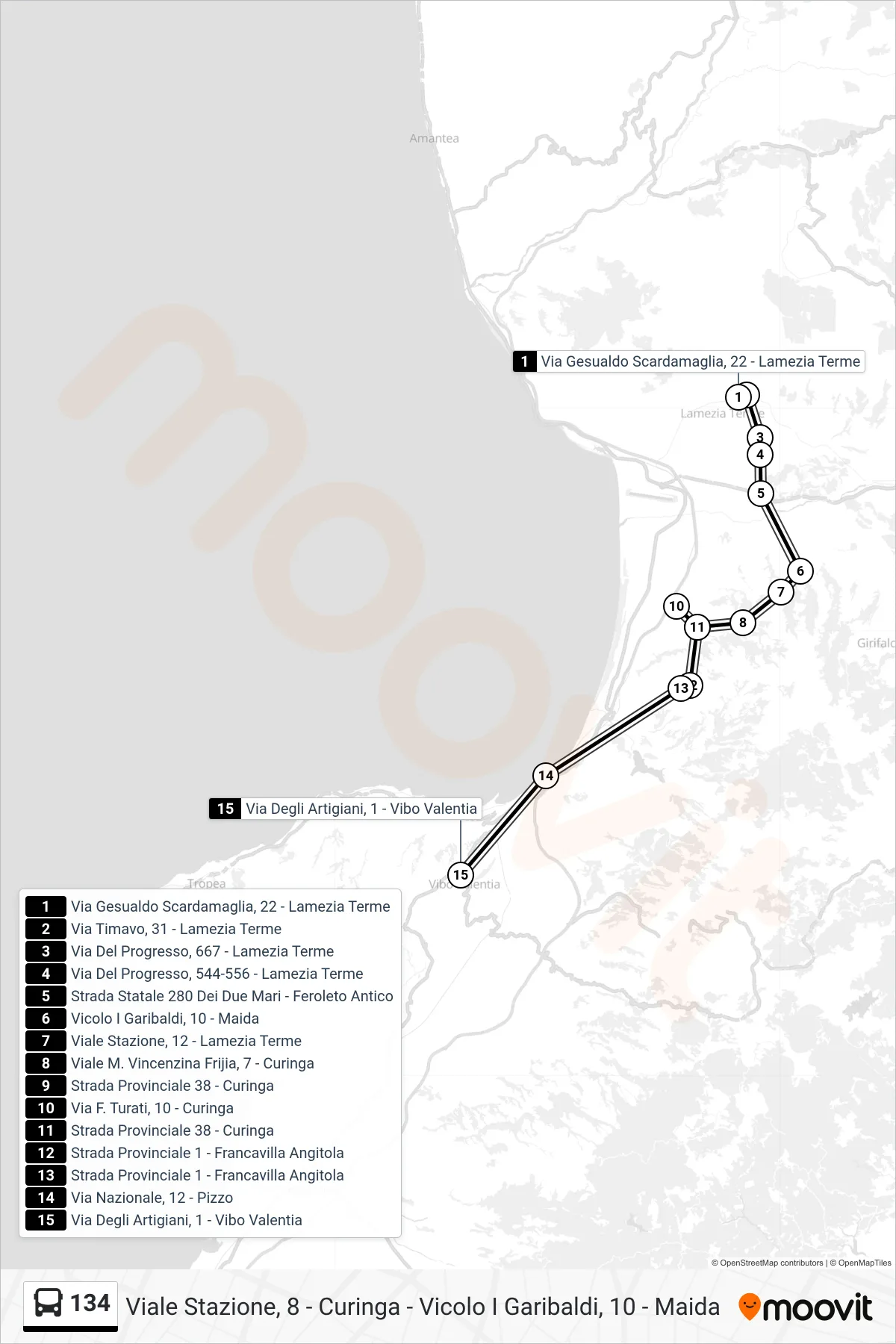 Linea 134 bus (Via Degli Artigiani, 1 - Vibo Valentia) - Percorsi e fermate sulla mappa