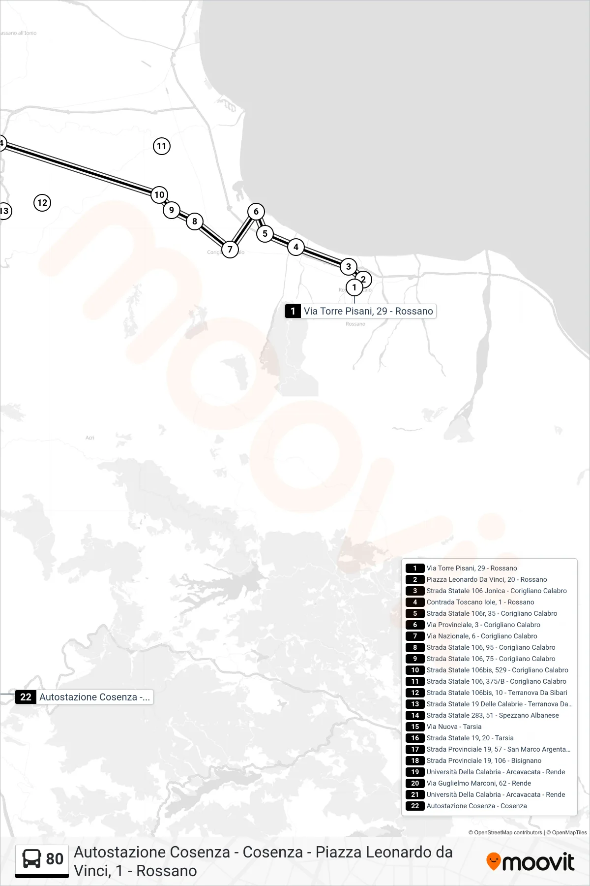Linea 80 bus (Autostazione Cosenza - Cosenza) - Percorsi e fermate sulla mappa