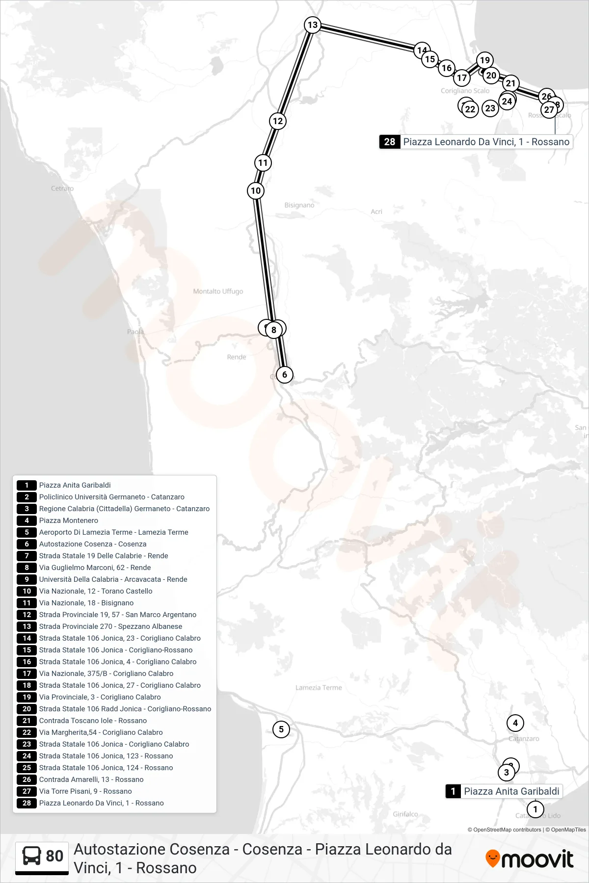 Linea 80  bus (Piazza Leonardo Da Vinci, 1 - Rossano) - Percorsi e fermate sulla mappa